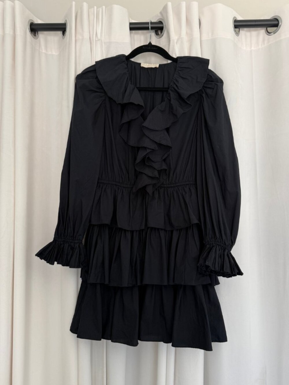Ulla Johnson Black Cotton Ruffle Tiered Mini Dress Size 4 A/W 2022 Drawstring